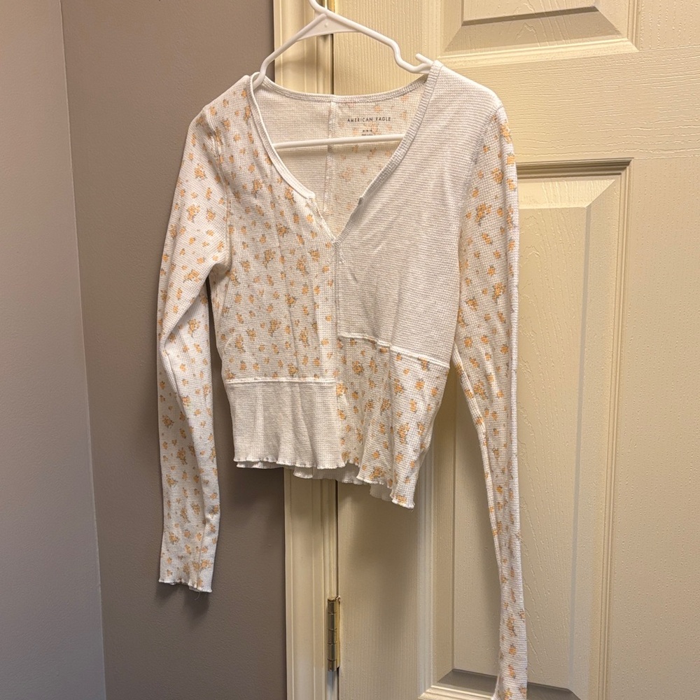 American Eagle Waffle Floral Long Sleeve Top